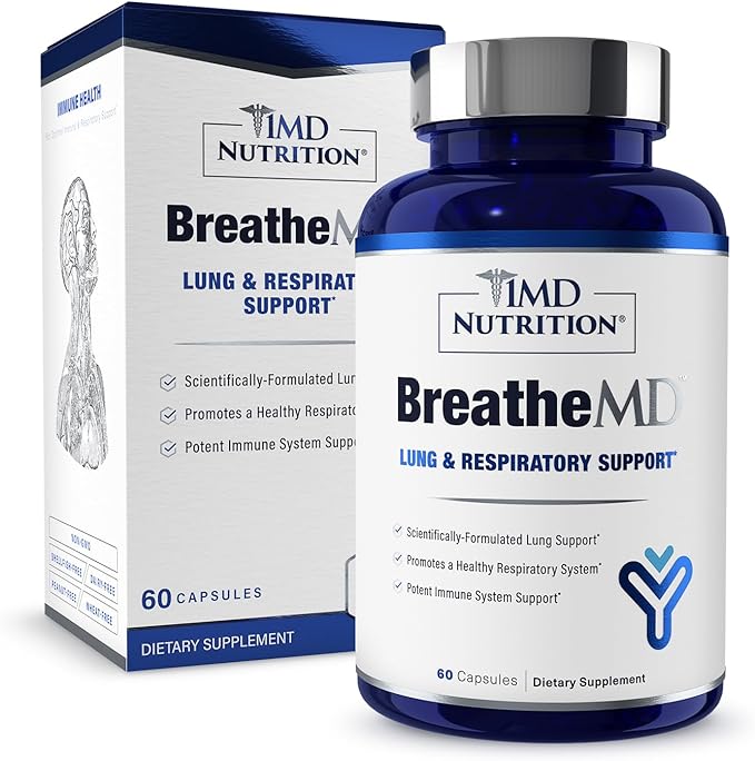 1MD Nutrition BreatheMD | Lung and Respiratory Support Supplement | Promotes a Healthy Immune System | with Elderberry Chromium and NAC | 60 Ct.