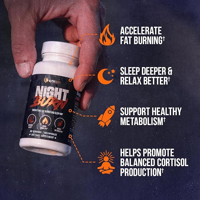 ALPHA LION Night Burn Metabolism Booster for Weight Loss Less Body Fat More Muscle Promotes Lean Body Calorie Burning Supplement Relax Better Promote Healthy Cortisol (60 Capsules)
