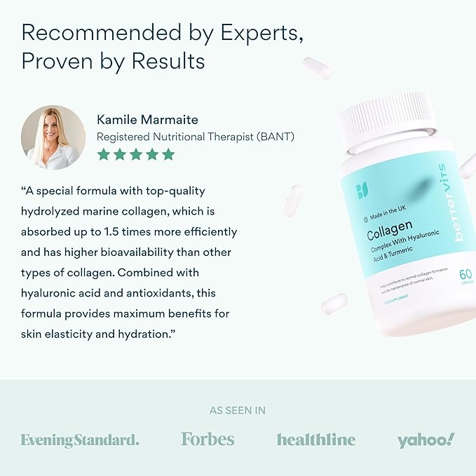 Bettervits Collagen Peptides Complex with Hyaluronic Acid &amp Turmeric | Hydrolyzed Marine Collagen Supplements for Women &amp Men | Collagen with Vitamin C for Skin Hair Nails &amp Joints – 60