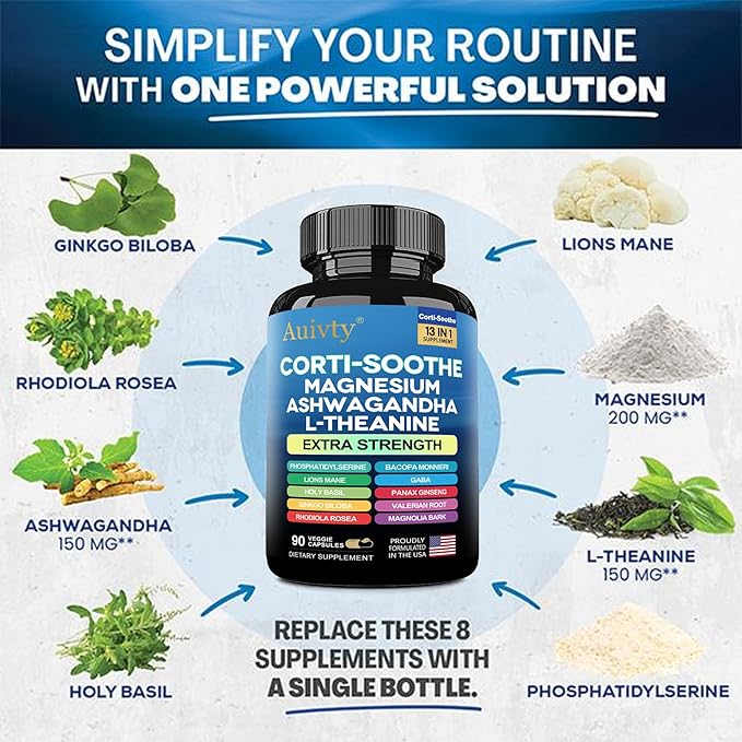 Cortisol Manager &amp Adrenal Support - Cortisol Reducer for Stress Relief Calm &amp Sleep - 13-in-1 Adaptogen with Ashwagandha &amp Magnesium - 180 Capsules (2-Pack)