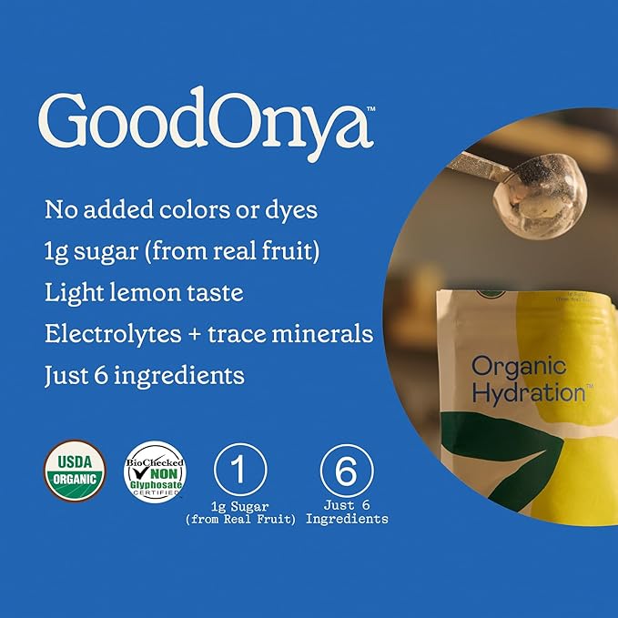 GOODONYA Organic Hydration Electrolyte Drink Mix Certified Organic Hydration Powder Non-GMO Biochecked Glyphosate Free Low Sugar Lemonade Flavor No Artificial Flavors 42 Servings