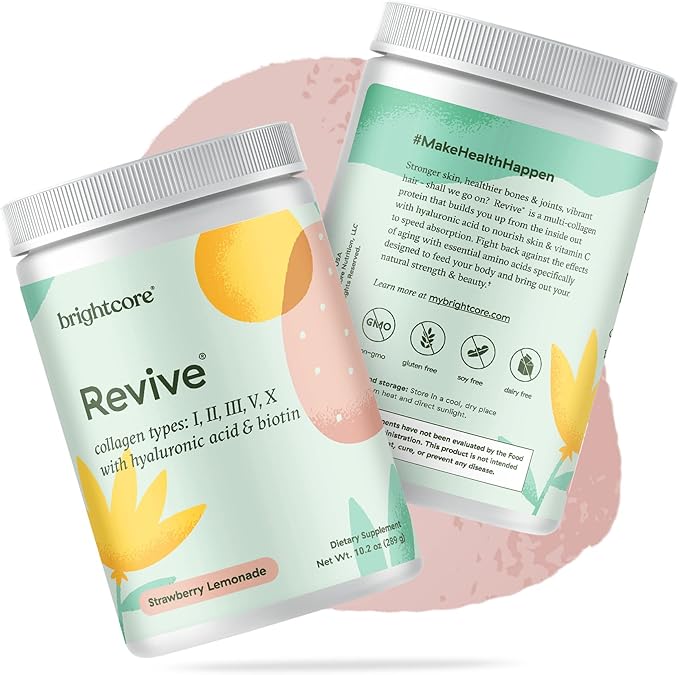 Brightcore Nutrition Revive Multi Collagen Protein Powder with Vitamin C and Hyaluronic Acid Non-GMO Gluten-Free Collagen Powder for Women and Men Strawberry Lemonade Flavor 30 Servings