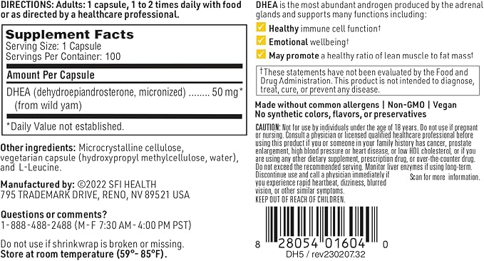 Klaire Labs SFI Health DHEA 50mg - Dehydroepiandrosterone Derived from Wild Yam - Micronized for Superior Absorption - Soy-Free Hypoallergenic Supplement for Men &amp Women (100 Capsules)