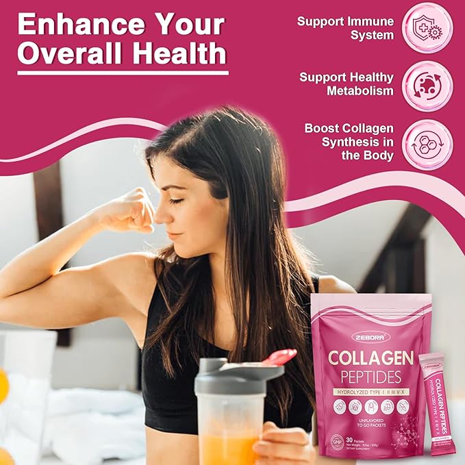 ZEBORA Multi Collagen Peptides Powder Packets with Hyaluronic Acid Biotin MCT - Hydrolyzed Collagen with 5 Billion Probiotics - Support Skin Hair Nail &amp Gut Health - 30 Stick Packs