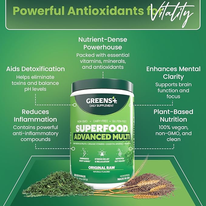 Greens+ Advanced Multi Raw Superfood | Essential Blend of Raw Foods Superfruits and Sea Vegetables Powder | Vegan | Dietary Supplement | Non GMO Soy Dairy &amp Gluten-Free | Size 9.4oz
