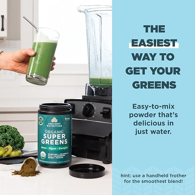 Ancient Nutrition Bone Broth Collagen Powder Pure 30 Servings + Organic Supergreens Powder Greens Flavor 25 Servings