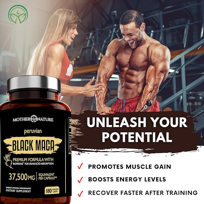 Black Maca Root 50:1 Extract 37500mg – 180 Capsules Organic Peruvian Maca Peruana Supplement for Men | High Potency Energy Mood &amp Performance Support | Vegan Non-GMO