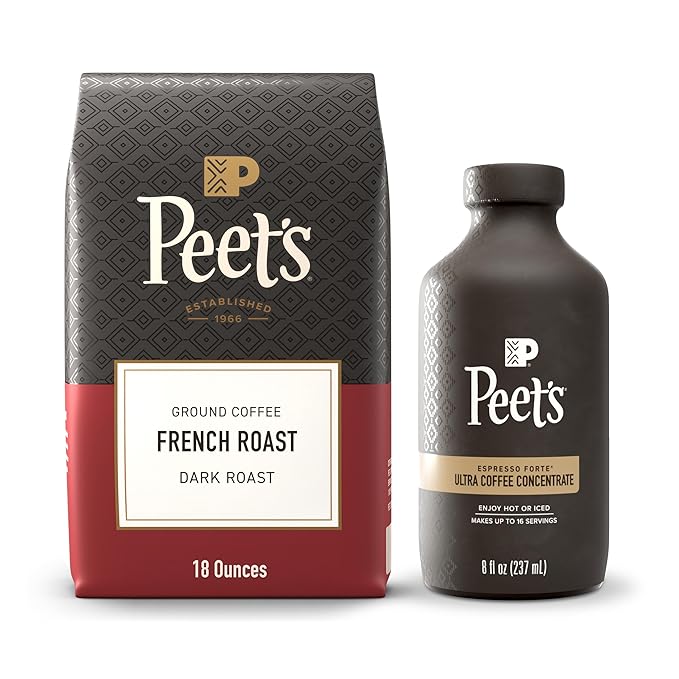 Bundle of Peet's Coffee Ultra Coffee Concentrate Cold Brew or Iced Coffee - Espresso Forte 8 Fluid Ounce Bottle (16 Servings) + USDA Organic Dark Roast Ground Coffee - French Roast 18 Ounce Bag