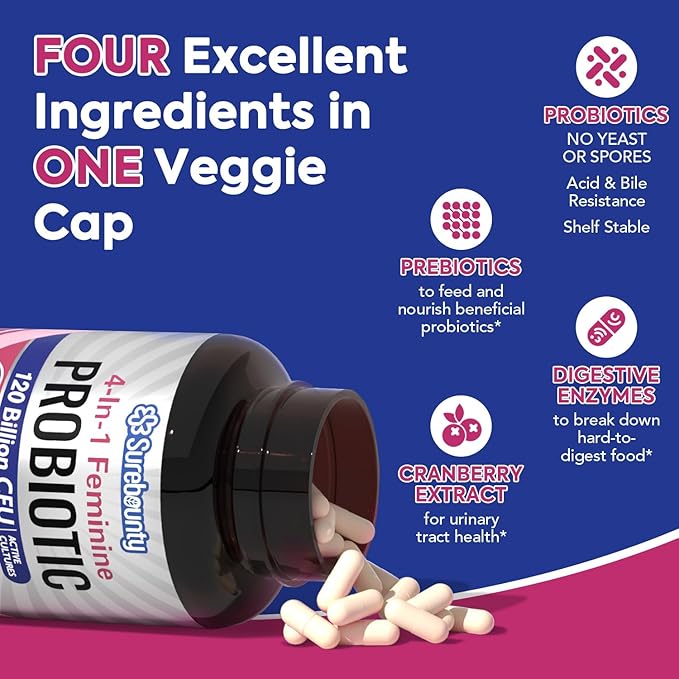 Probiotic + Collagen Bundle 4-in-1 Feminine Probiotic (30ct) &amp 6-in-1 Super Collagen (90ct) 2 Packs Cranberry Digestive &amp Healthy Aging Support Non-GMO