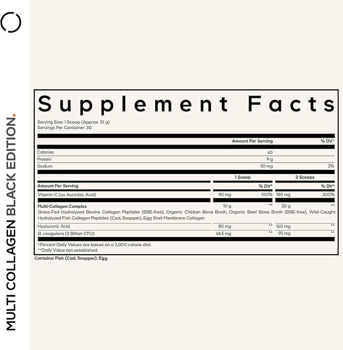 Codeage Multi Collagen Peptides Powder + Probiotics Black Edition Vitamin C Hyaluronic Acid Powder Supplement Grass-Fed Hydrolyzed Zero Carbs Type I II III V &amp X Unflavored 10.58oz