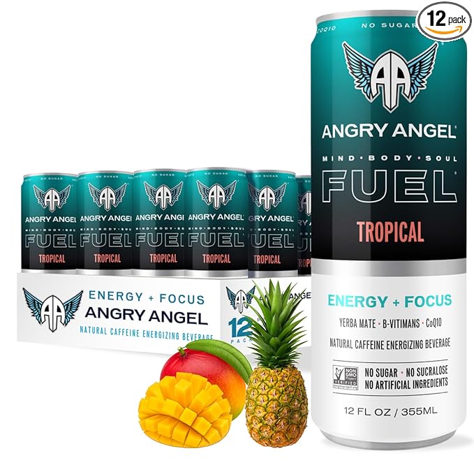 Angry Angel Tropical Natural Energy + Focus Drink (12 count) - Zero Sugar - Natural Caffeine from Yerba Mate - CoQ10 - B Vitamins - 12 oz Cans