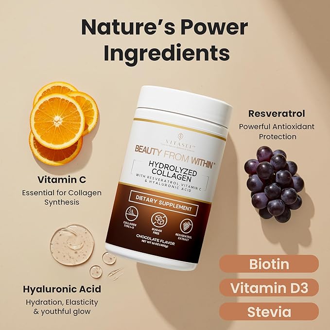 VITASEI Hydrolyzed Collagen Peptides Powder with Resveratrol &amp Vitamin C – Hair Skin Nails &amp Joint Support – Colágeno Hidrolizado for Women &amp Men – Delicious Chocolate Flavor 16 oz (30