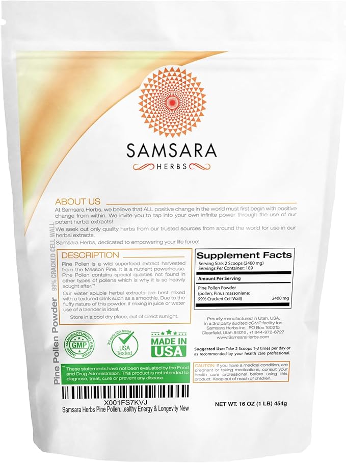 Samsara Herbs Pine Pollen Powder Wild Harvested - 99% Cracked Cell Wall (16oz/454g) Supports Healthy Energy &amp Longevity