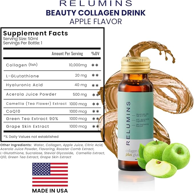 Relumins World's Most Advanced Collagen Drink - 10000mg w/Glutathione &amp Antioxidants | USA's No.1 Liquid Collagen Anti-Aging Spring Glow Essentials | Apple Flavor | Made in USA - 10 Bottles
