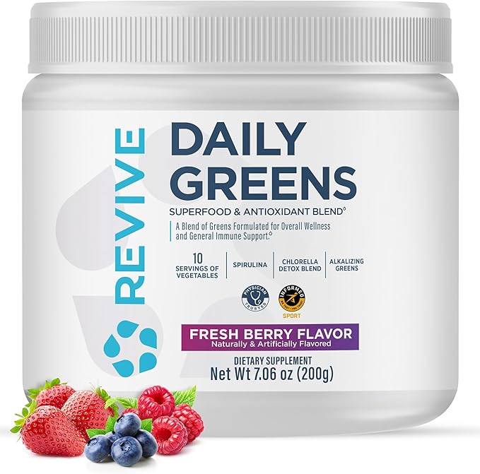 Revive MD Daily Green Powder Superfood (Fresh Berry) - Supergreens Powder to Support Energy Levels - Green Juice That Improves Fiber Intake - Vegetable Supports Digestion and Gut Health (30 Servings)