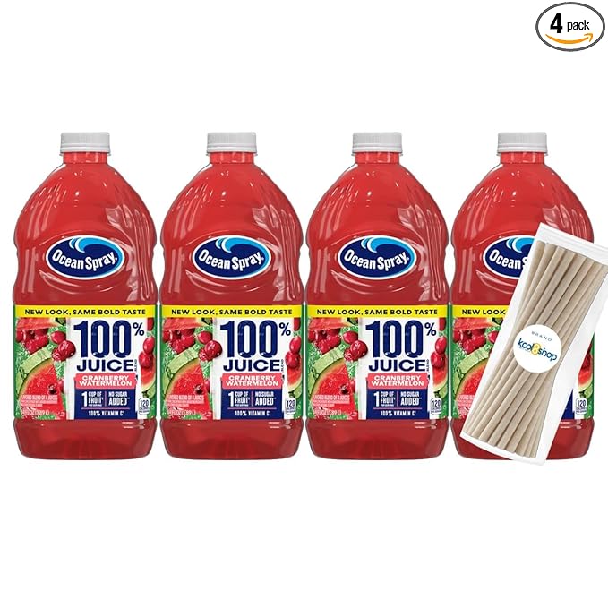 Ocean Spray Cranberry Watermelon 100% Fruit Juice No Added Sugar 64 fl oz 4 Pack + 15 Sugarcane Disposable Straws by KOOL8SHOP Infinite Deals