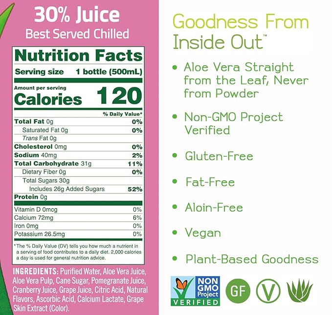 ALO Aloe Vera Juice Drink | ENRICH - Pomegranate + Cranberry | 16.9 fl oz Pack of 12 | Plant-Based Drink with Real Aloe Pulp