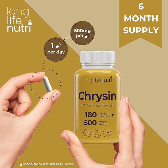 LongLifeNutri Chrysin 500mg – 180 Vegetarian Capsules from Passion Flower 5 7-Dihydroxyflavone Natural Antioxidant for Overall Wellness 6-Month Supply GMP Certified Made in USA