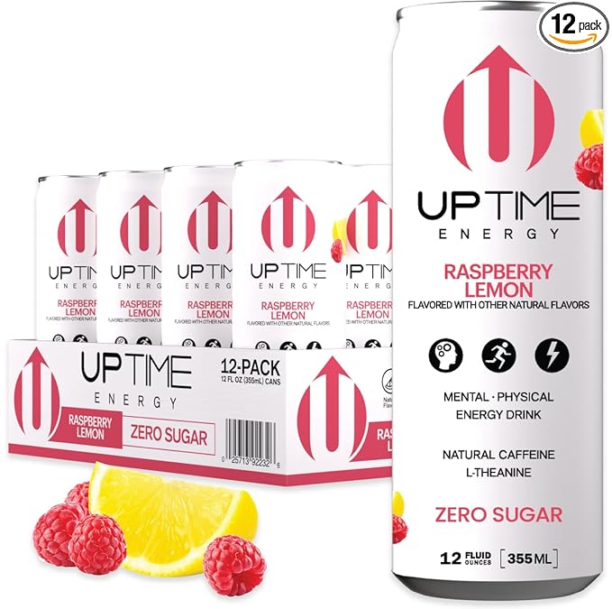 UPTIME Energy Drink Raspberry Lemon Sparkling 12 Pack Vitamin C L Theanine Calcium Sugar Free Energy Drinks for Focus Support 142mg of Natural Caffeine 5 Calories Natural 12 fl oz Cans
