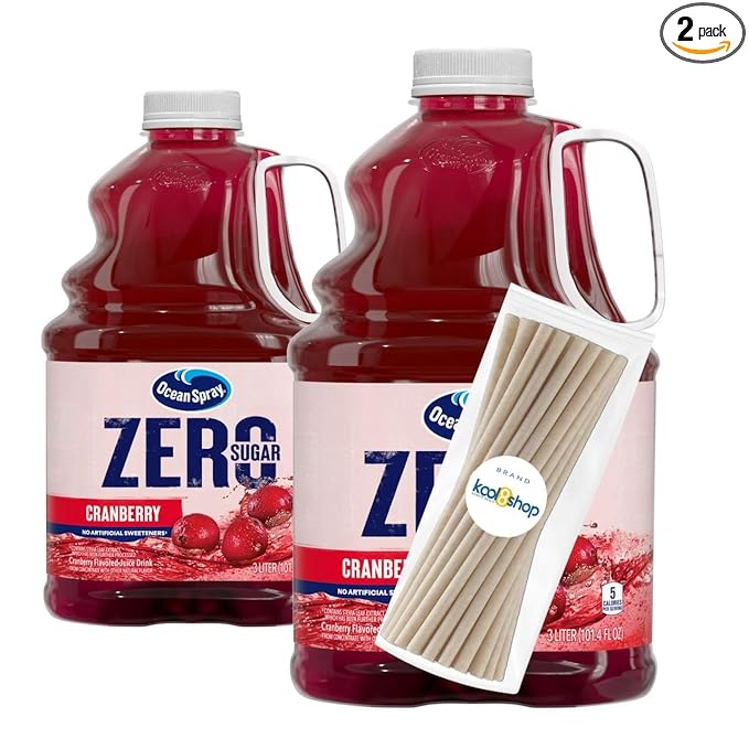 Ocean Spray Zero Sugar Cranberry Juice Drink 101.4 fl oz Plastic Bottles 2 Pack + 15 Sugarcane Disposable Straws by KOOL8SHOP Infinite Deals