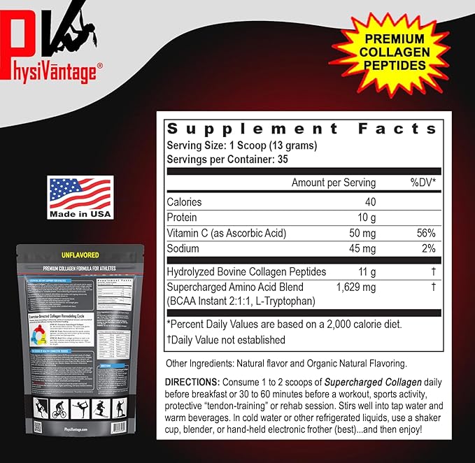 PhysiVantage Supercharged Collagen Peptides Powder - Hydrolyzed Collagen for Joint Tendon Ligament &amp Skin Health Support - Peach Mango Keto Paleo 16oz | Enhanced with Vitamin C BCAAs Grass
