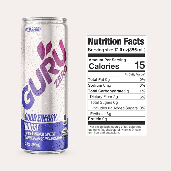 GURU ZERO SUGAR Wild Berry Organic Energy Drink with Plant Based Natural Caffeine from Green Tea Coconut Water Prebiotic Zero Added Sugars Gluten Free &amp Vegan Pre Workout 140MG Caffeine 12
