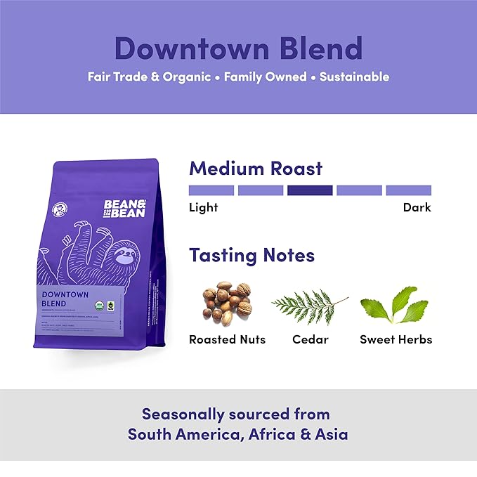 Bean &amp Bean Downtown Medium Roast - Whole Bean Coffee Blend Organic – Creamy Clean and Smooth Fair Trade – Ideal Espresso Coffee - Whole Bean Medium Roast 11oz