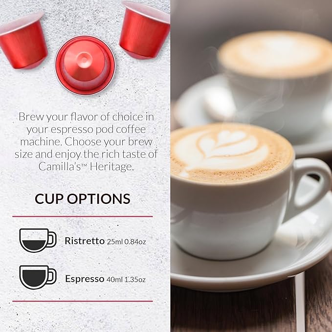 Camilla’s Heritage - Intensity 8 Cinnamon Flavored Espresso Coffee Gourmet Espresso Cups 60 Coffee Pods