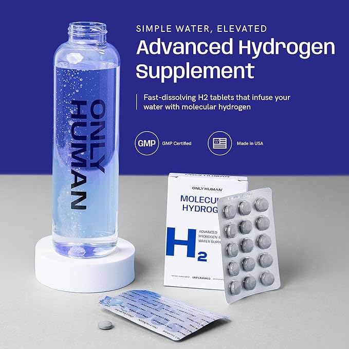 H2 Molecular Hydrogen Water Tablets with Magnesium | 12PPM Hydrogen Tablets for Drinking Water | Unflavored Dietary Supplement | Gluten Sugar &amp Soy Free | Made in The USA | 30 Tabs | Only Human