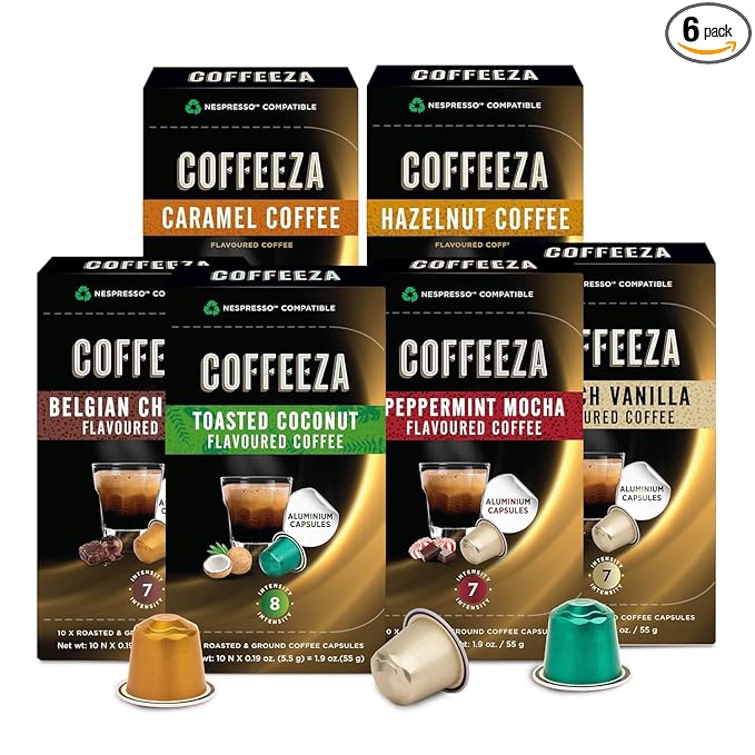 Coffeeza 100% Arabica Nespresso Flavored Coffee Pods Variety Pack Compatible with Nespresso Original Line Machines | 6 Pack 60 Single Serve Coffee Pods