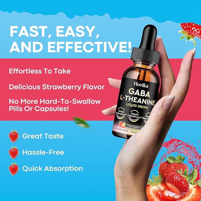 GABA L-Theanine Drops - Liquid GABA L-Theanine Supplement with L-Theanine Ashwagandha Magnesium Glycinate Vitamin C B6 - Support Sleep Relaxation Calm Mood &amp Focus - Strawberry Flavor 2 Fl