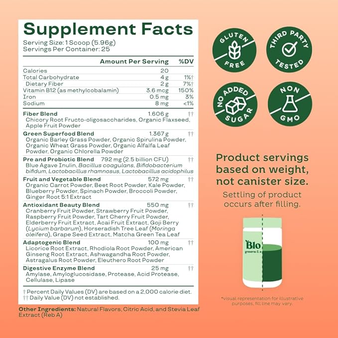 Bloom Nutrition Superfood Greens Powder Digestive Enzymes with Probiotics and Prebiotics Gut Health Bloating Relief for Women Chlorella Green Juice Mix with Beet Root Powder 25 SVG Peach