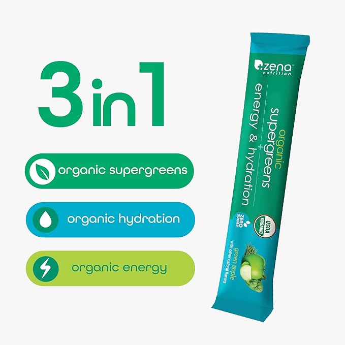 Zena Nutrition Organic Super Greens Energy &amp Hydration Powder 70+ Superfoods 0 Sugar 5G Fiber Spirulina Chlorella Prebiotics/Probiotics Natural Caffeine + Electrolytes 40 Drink Mix Packets