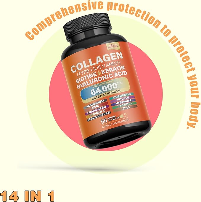 Multi Vital Collagen Peptides Capsules - Types I II III V &amp X Biotin Keratin Hyaluronic Magnesium Zinc Vitamin A C E Grape Seed Extract Quercetin with Folate (2)