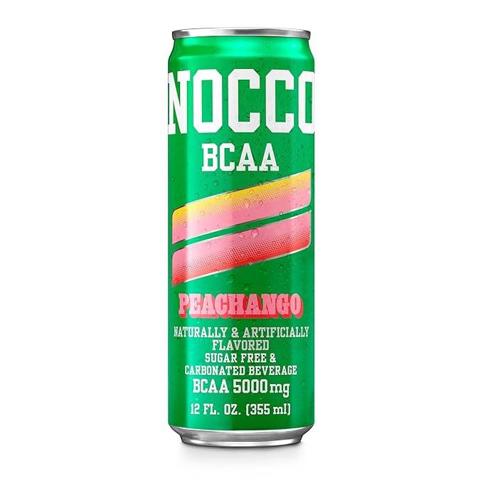 NOCCO BCAA Drink Peachango - 12 Fl Oz (Pack of 12) - 0mg of Caffeine 5000mg of BCAAs – Sugar &amp Caffeine Free Low Calorie Carbonated Drink with Vitamin B6 B12 Biotin - Grab &amp Go Performance