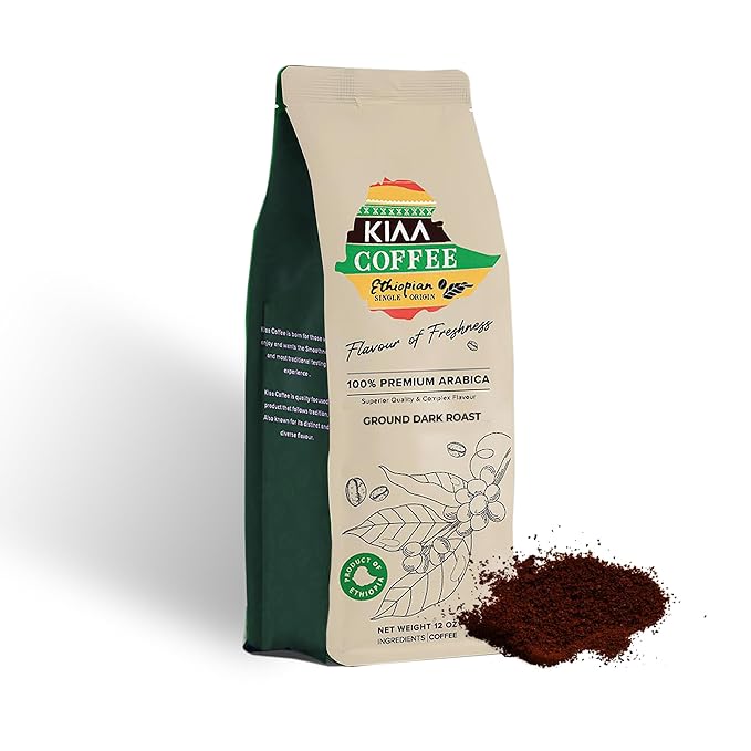 KIAA Ethiopian Premium Ground Dark Roast - 12oz 100% Organic Arabica Full-Bodied Bold Flavor Rich &amp Smooth Perfect for Espresso French Press &amp Drip Brewing Freshly Roasted