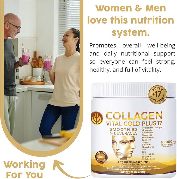 Vital Life Collagen Peptides Powder +17 Super Ingredients 1.6 lb (Pack of 6) Pineapple Flavor Supports Hair Skin Nails Bones Joints &amp Digestive Health Collagen for Women &amp Men.