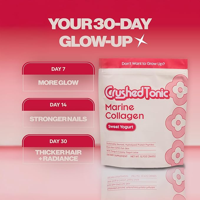 Crushed Tonic Marine Collagen Powder Korean Beauty Drink with Hydrolyzed Collagen Peptides for Skin Hair &amp Nails | Gluten-Free Halal &amp Kosher (Sweet Yogurt Yakult 30 Servings (150 g) Pouch