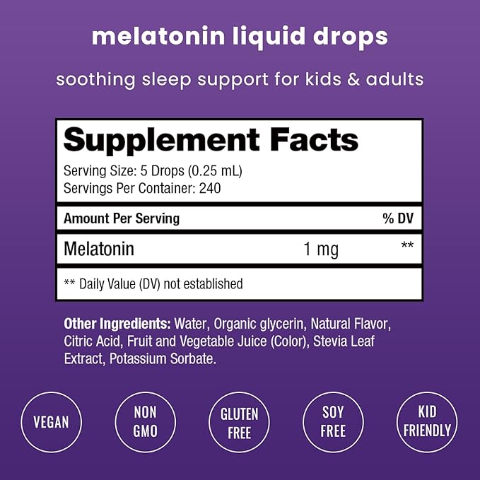 NutraChamps Liquid Melatonin Drops 480 Servings Sugar Free Kids Melatonin Liquid Sleep Aid Supplement Vegan &amp Non-GMO Natural Berry Flavor Melatonin 1 mg Drops