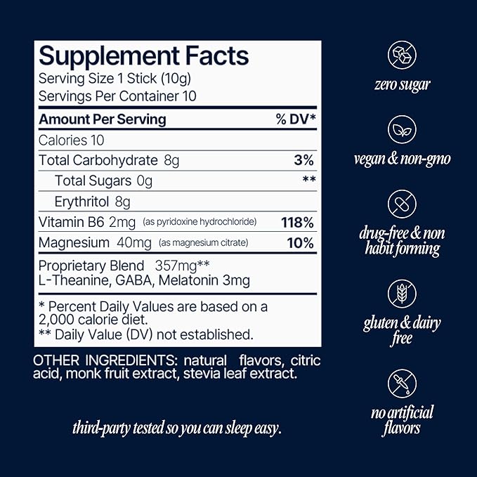 Som Sleep Calm Sleep Nighttime Powder Drink Mix Melatonin 3mg Magnesium Vitamin B6 L-Theanine &amp GABA – Vegan Zero Sugar – Berry 30-Pack