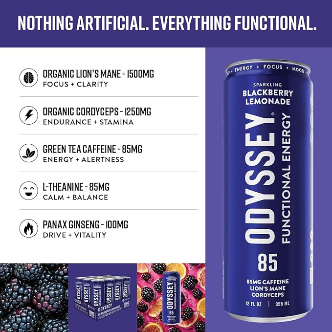 Odyssey Functional Energy Drink for Focus Cognition &amp Mood Support 12 Pack - Adaptogenic Drink with 85mg Green Tea Caffeine Lions Mane Cordyceps L-Theanine &amp Ginseng Sparkling Blackberry