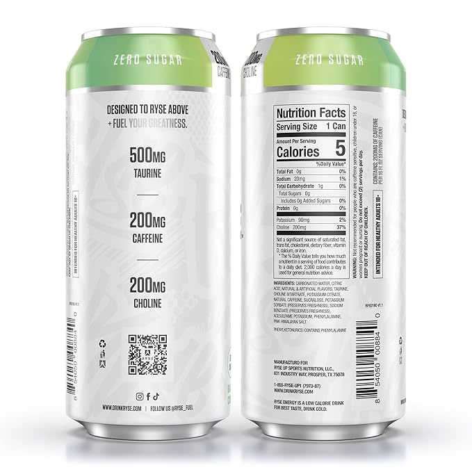RYSE Fuel Energy Drink - Baja Cooler - Sugar Free Gluten Free &amp Vegan - 200mg Natural Caffeine Taurine &amp Choline for Focus &amp Energy - No Artificial Colors - 16 fl oz Cans (12-Pack)