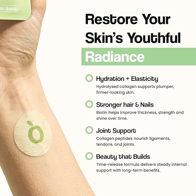 Collagen Glow Beauty Restore Patches | 5X Stronger Formula | Collagen Peptides Vitamin C Pro-Retinol Coq10 Hyaluronic Acid &amp Biotin for Hair Growth | Daily Patch for Skin &amp Hair Wellness
