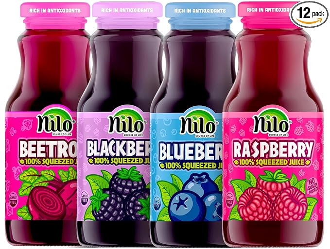NILO Variety Pack | 100% Squeezed Juice Blackberry Blueberry Raspberry Beetroot | NO Sugar added | NON GMO | NOT From Concentrate | 8.45 oz (Pack of 12)