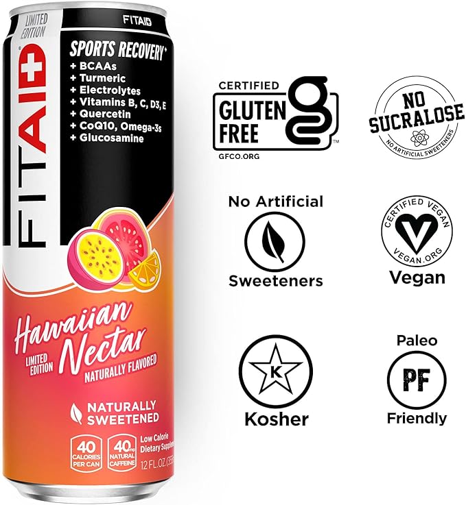 FITAID Post Workout Recovery Drink Hawaiian Nectar Passion Fruit Orange &amp Guava BCAAs Glucosamine Electrolytes 40 Calories 12 Fl Oz (Pack of 12)