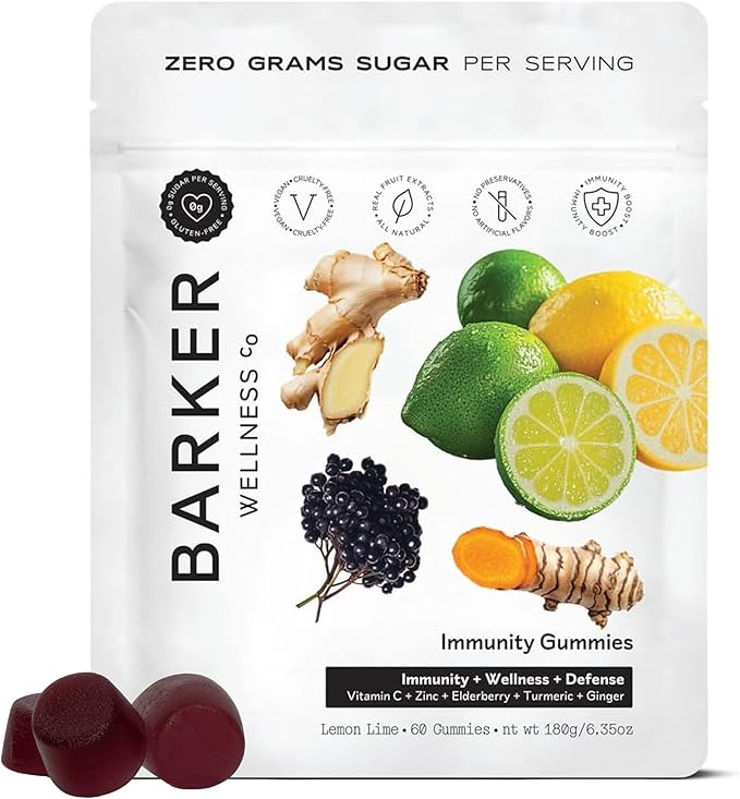 Barker Wellness Immunity Gummies with Vitamin C Zinc Elderberry Turmeric &amp Ginger for Daily Immune Support | Vegan Sugar-Free Lemon-Lime Flavor | Seasonal Wellness Essentials 60 Count