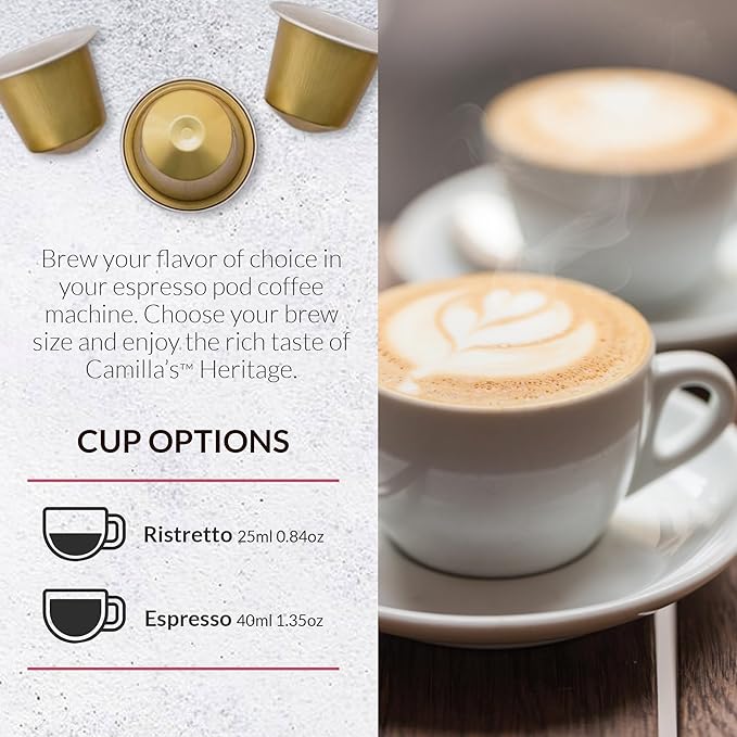 Camilla’s Heritage - Intensity 8 Caramel Flavored Espresso Coffee Gourmet Espresso Cups 60 Coffee Pods