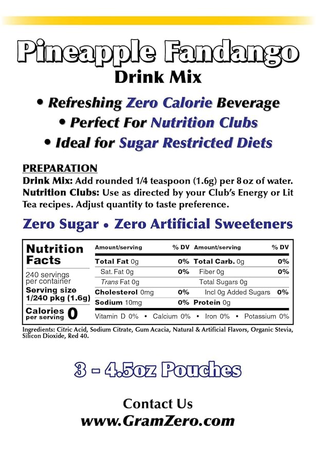 GramZero Pineapple Fandango Zero Calorie Sugar Free Drink Mix Great For Nutrition Club Loaded Tea Stevia Sweetened
