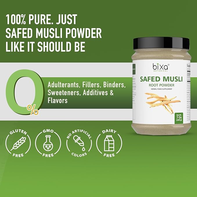 bixa BOTANICAL | Safed Musli Powder | Chlorophytum Borivilianum | Steam Treated Ayurvedic Root | Vegan | Non GMO | Clean Label | Strength and Vitality Support | 7 oz 200 g