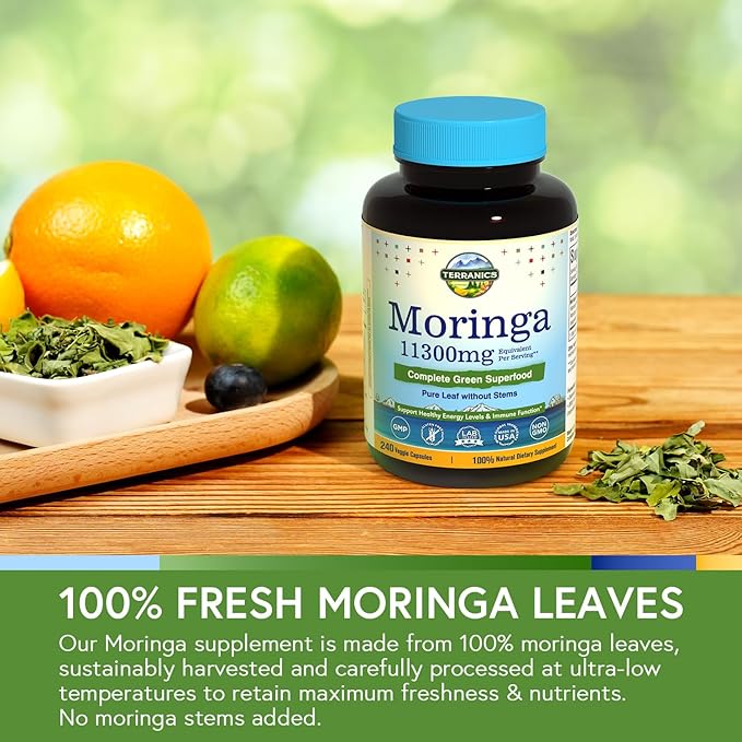 Terranics Collagen Peptides &amp Moringa Capsules Bundle - Hydrolyzed Collagen Powder from Grass-Fed Bovine + 11300mg Pure Moringa Oleifera Powder - Types I &amp III Collagen - 16oz &amp 240 Capsul